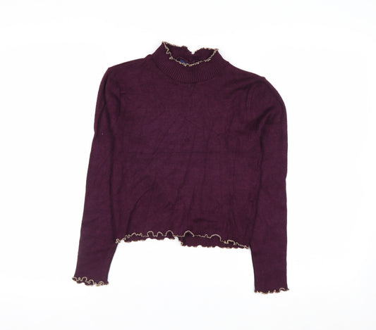 Beyond Retro Womens Purple High Neck Ruffled Knit Jumper Size M