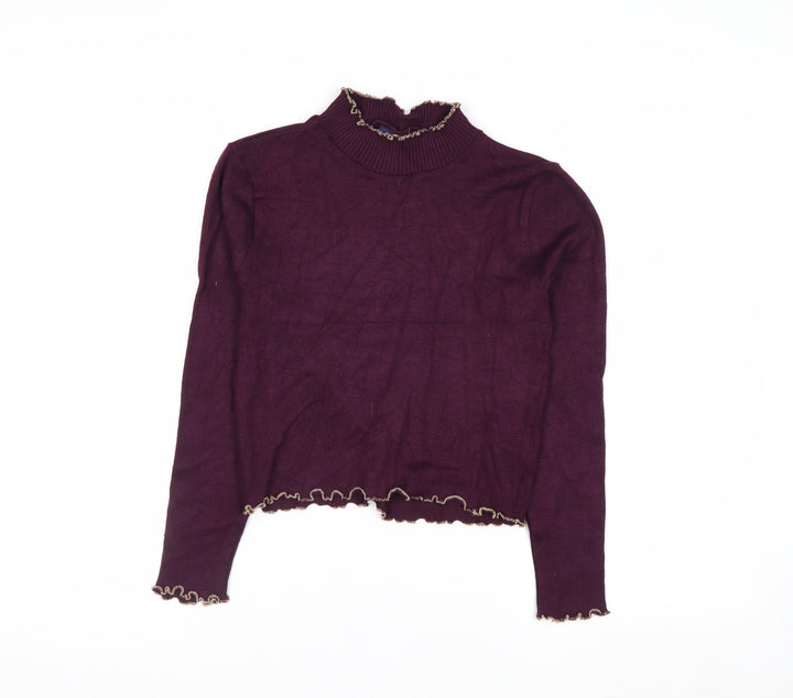 Beyond Retro Womens Purple High Neck Ruffled Knit Jumper Size M