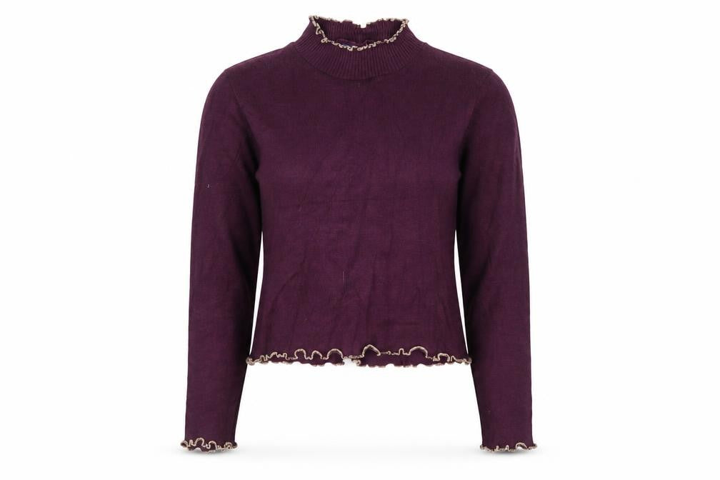 Front view of Vintage women’s purple high neck ruffled knit jumper, size M