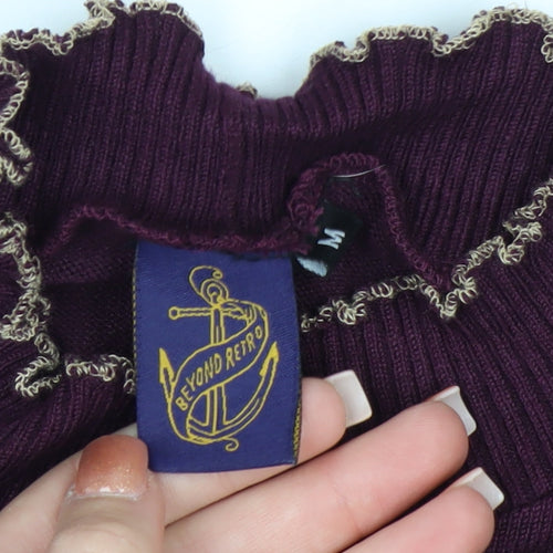 Beyond Retro Womens Purple High Neck Ruffled Knit Jumper Size M