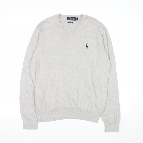 Polo Ralph Lauren Men's Grey V-Neck Jumper M 100% Cotton Knitwear