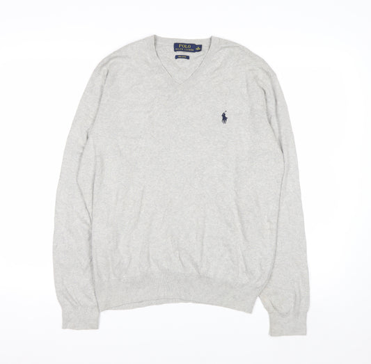 Polo Ralph Lauren Men's Grey V-Neck Jumper M 100% Cotton Knitwear