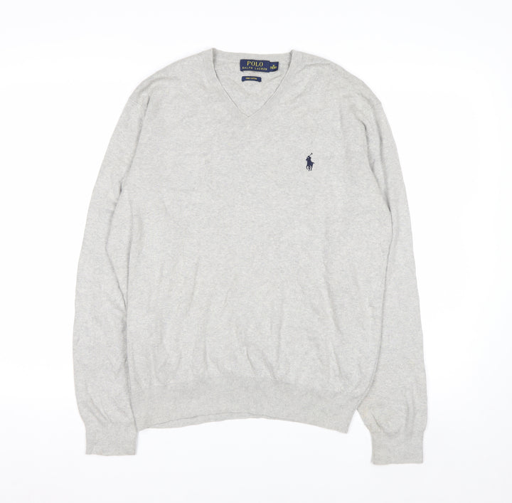 Polo Ralph Lauren Men's Grey V-Neck Jumper M 100% Cotton Knitwear