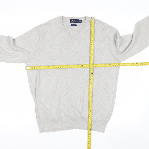 Polo Ralph Lauren Men's Grey V-Neck Jumper M 100% Cotton Knitwear