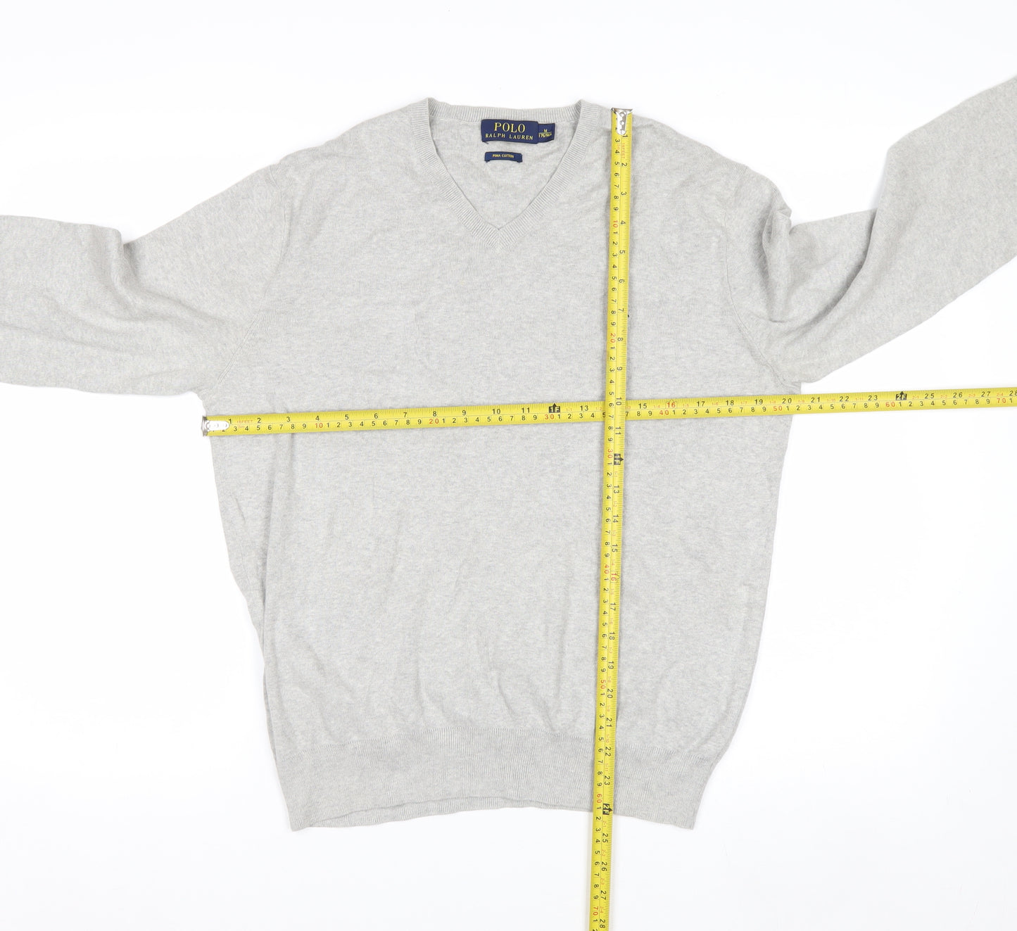 Polo Ralph Lauren Men's Grey V-Neck Jumper M 100% Cotton Knitwear