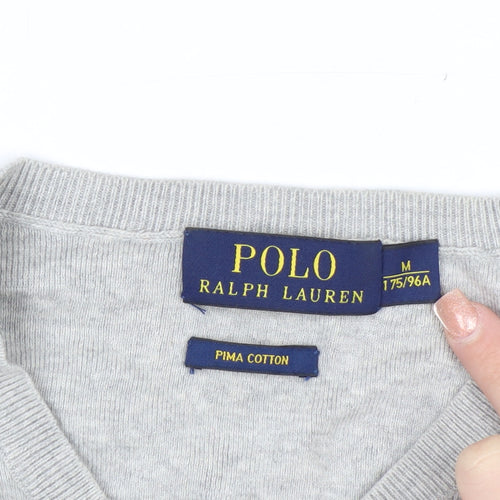Polo Ralph Lauren Men's Grey V-Neck Jumper M 100% Cotton Knitwear