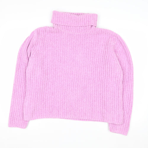 MNG Women Pink Roll Neck Rib Knit Jumper Medium Polyester