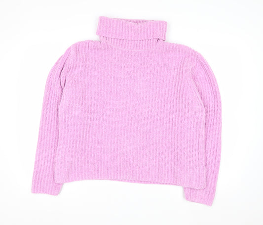 MNG Women Pink Roll Neck Rib Knit Jumper Medium Polyester