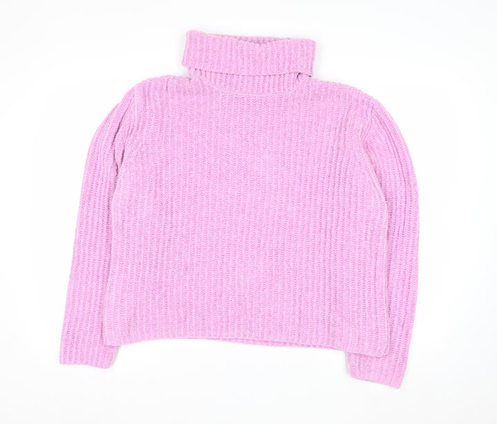 MNG Women Pink Roll Neck Rib Knit Jumper Medium Polyester