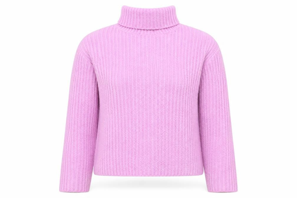 Front view of Mango Women Pink Roll Neck Rib Knit Jumper Medium Polyester