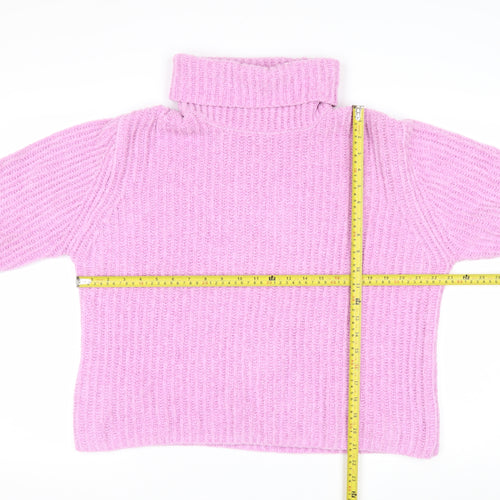 MNG Women Pink Roll Neck Rib Knit Jumper Medium Polyester