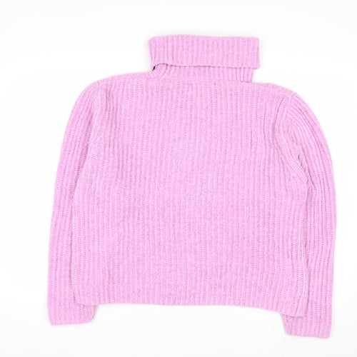 MNG Women Pink Roll Neck Rib Knit Jumper Medium Polyester