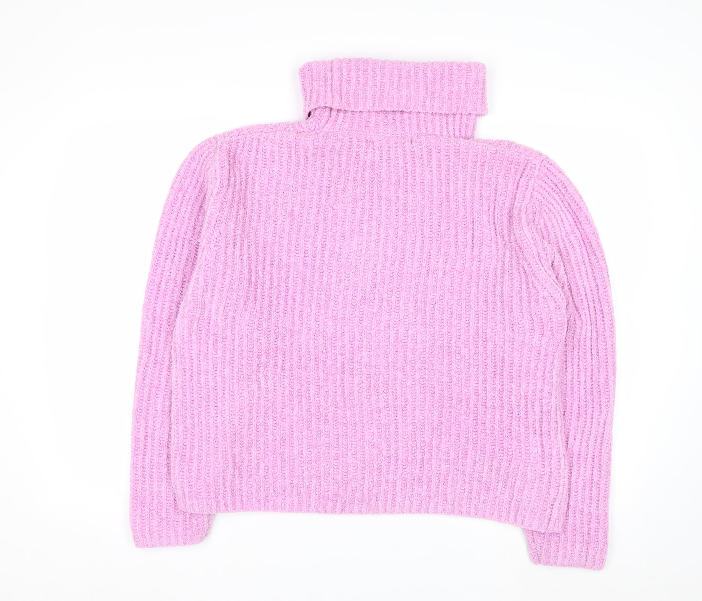 MNG Women Pink Roll Neck Rib Knit Jumper Medium Polyester