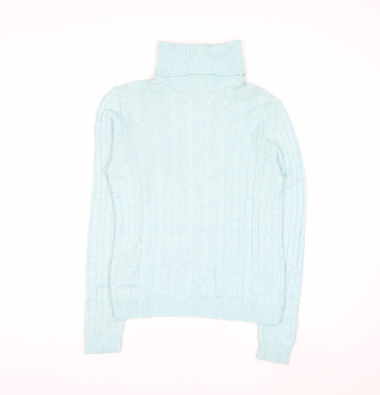 J.Crew Women Blue Roll Neck Cable-Knit Wool Blend Jumper M