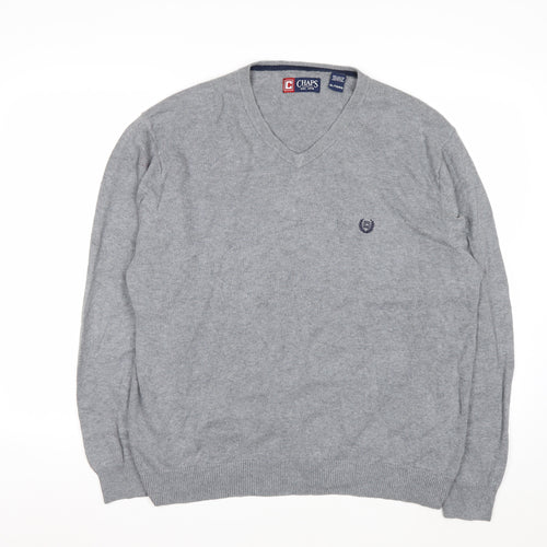 Chaps Men’s Grey Cotton V-Neck Jumper XL Classic Knitwear