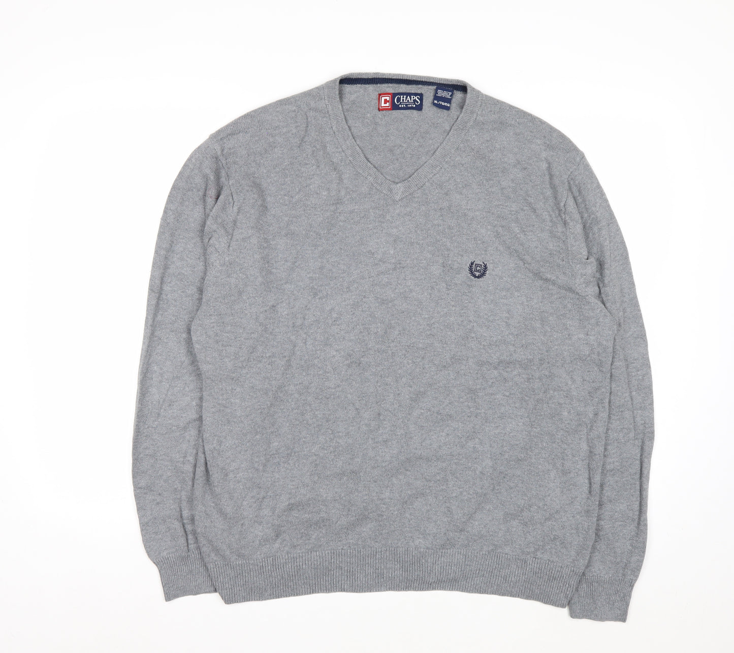 Chaps Men’s Grey Cotton V-Neck Jumper XL Classic Knitwear