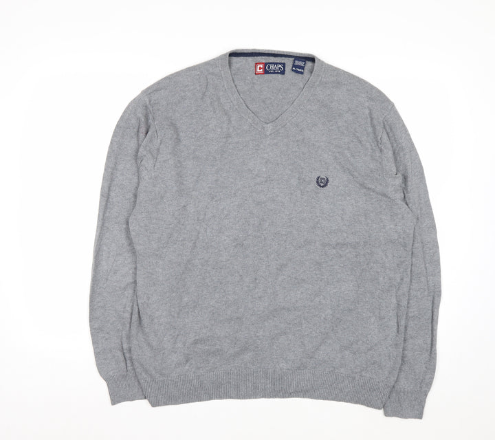 Chaps Men’s Grey Cotton V-Neck Jumper XL Classic Knitwear