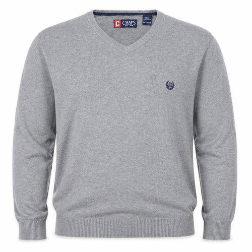 Chaps Men’s Grey Cotton V-Neck Jumper XL Classic Knitwear