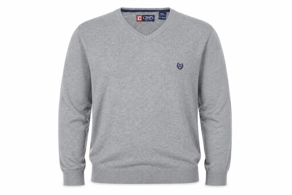 Chaps Men’s Grey Cotton V-Neck Jumper XL Classic Knitwear