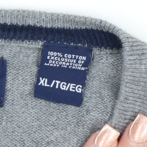 Chaps Men’s Grey Cotton V-Neck Jumper XL Classic Knitwear