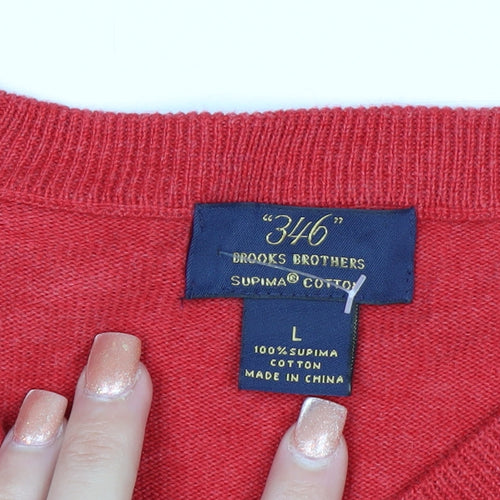 Brooks Brothers Mens Red L V-Neck Cotton Pullover Jumper