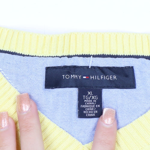 Tommy Hilfiger Men's Yellow Cotton V-Neck Jumper XL