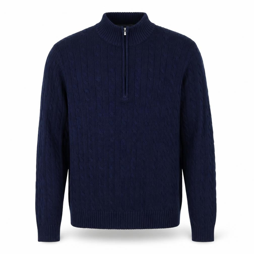 Front view of IZOD Men's Blue Cotton Cable-Knit 1/4 Zip Jumper, size L