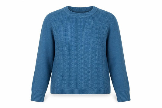 Front view of Vintage Women's Blue Crew Neck Cable-Knit Jumper, size S