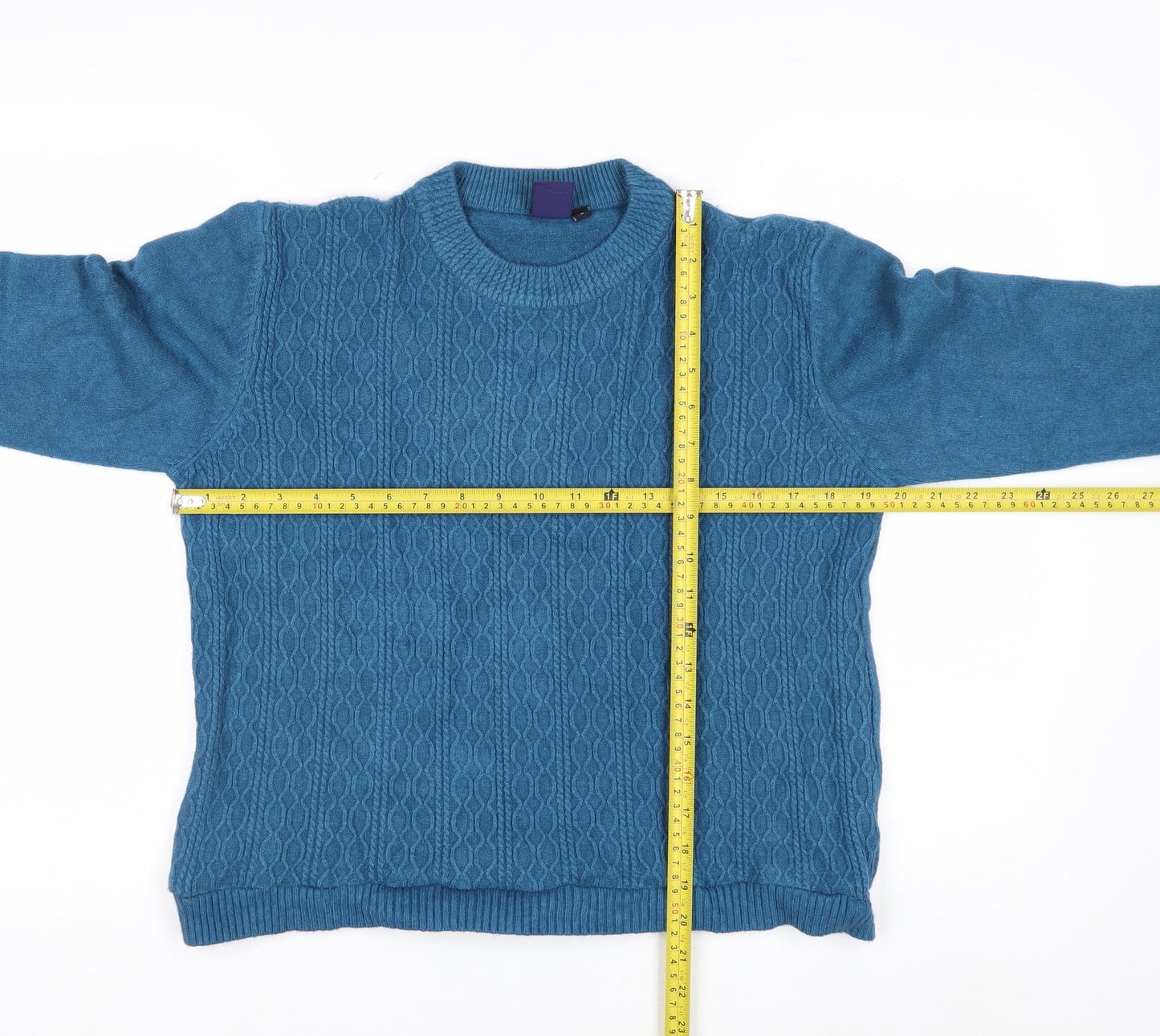 Beyond Retro Women's Blue Crew Neck Cable-Knit Jumper Size S