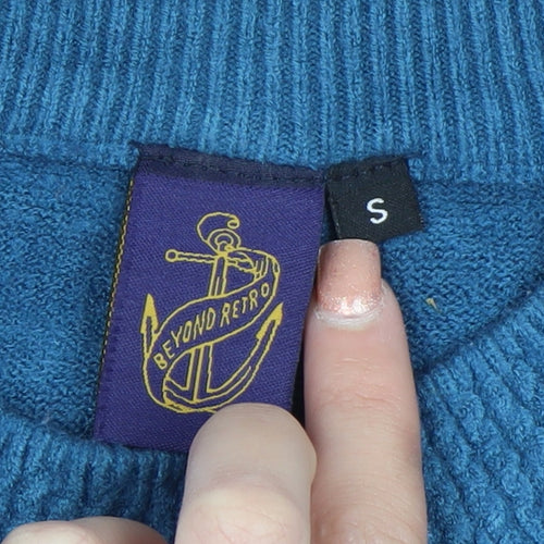 Beyond Retro Women's Blue Crew Neck Cable-Knit Jumper Size S
