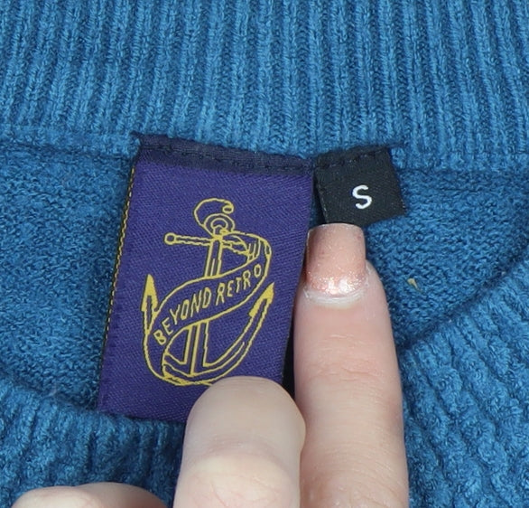 Beyond Retro Women's Blue Crew Neck Cable-Knit Jumper Size S
