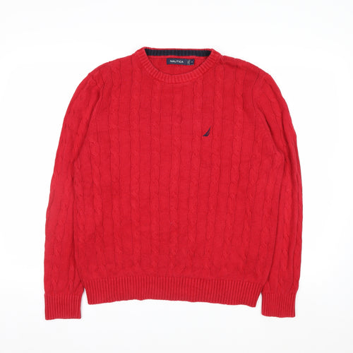 Nautica Men Red Cotton Cable-Knit Crew Neck Jumper Size M