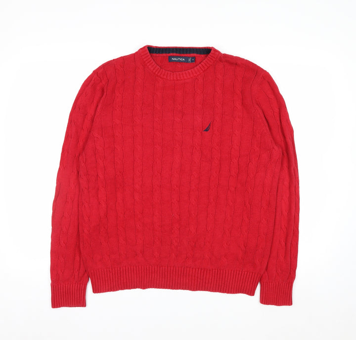Nautica Men Red Cotton Cable-Knit Crew Neck Jumper Size M