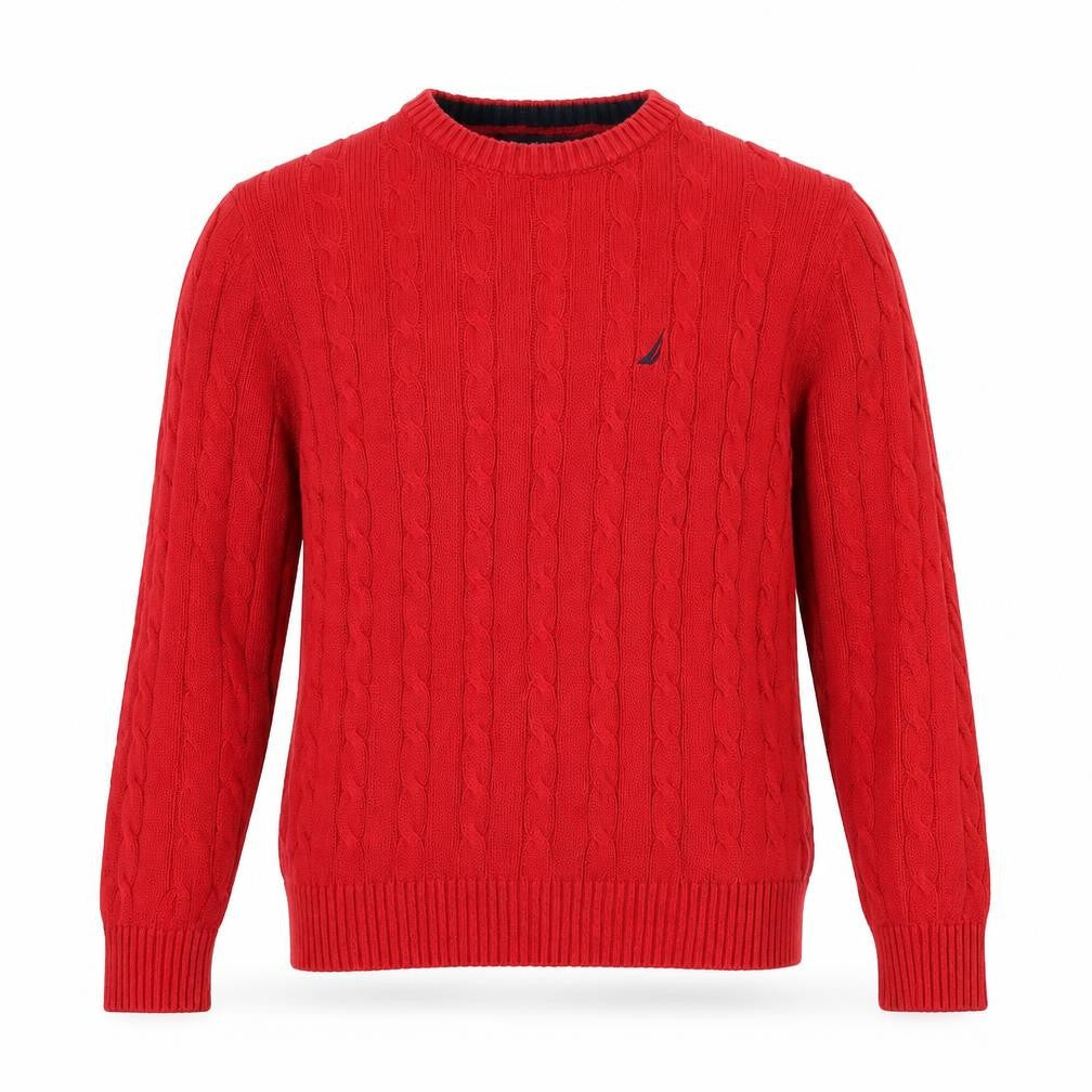 Front view of Nautica Men Red Cotton Cable-Knit Crew Neck Jumper, size M
