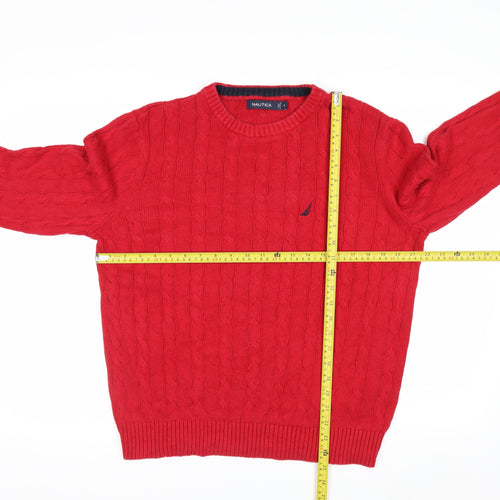 Nautica Men Red Cotton Cable-Knit Crew Neck Jumper Size M