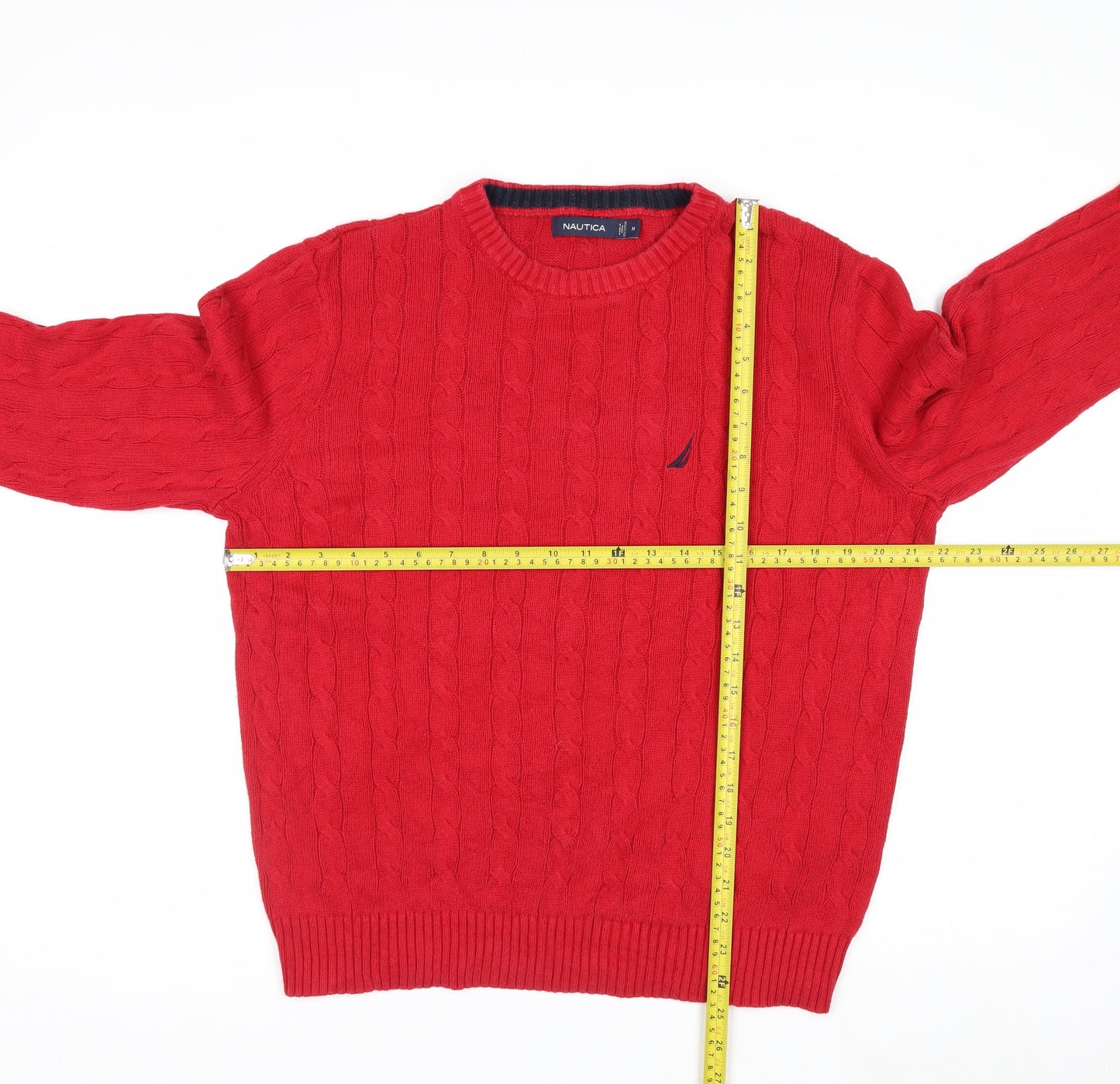 Nautica Men Red Cotton Cable-Knit Crew Neck Jumper Size M