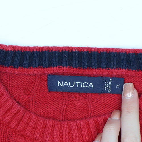 Nautica Men Red Cotton Cable-Knit Crew Neck Jumper Size M
