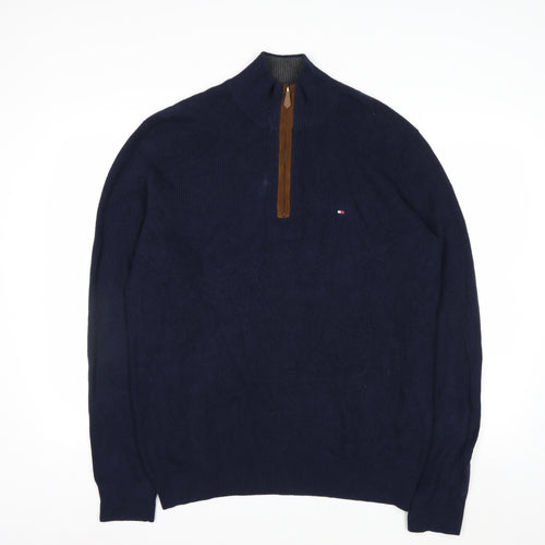 Tommy Hilfiger Men's Blue Cotton 1/2 Zip Jumper L Classic Style