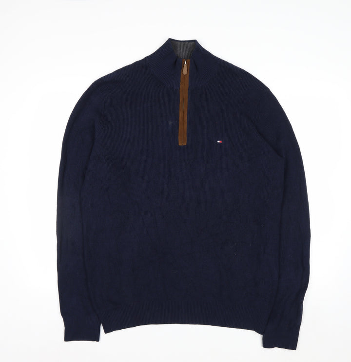 Tommy Hilfiger Men's Blue Cotton 1/2 Zip Jumper L Classic Style