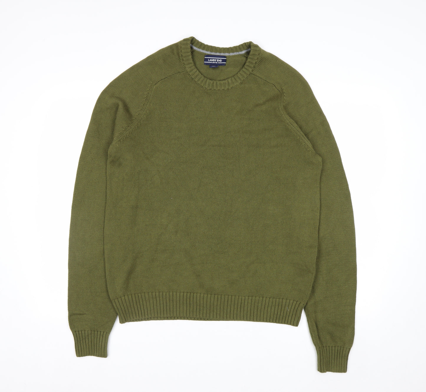 Lands' End Men's Green Cotton Crew Neck Pullover Jumper Size L