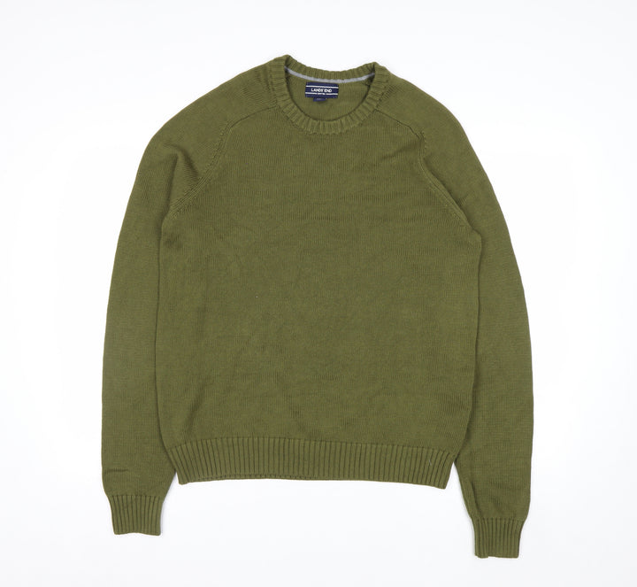 Lands' End Men's Green Cotton Crew Neck Pullover Jumper Size L