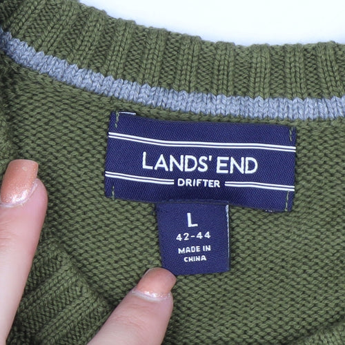 Lands' End Men's Green Cotton Crew Neck Pullover Jumper Size L