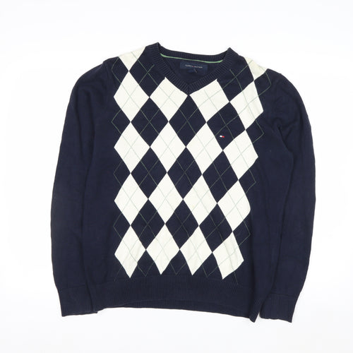 Tommy Hilfiger Men's Blue Argyle Cotton V-Neck Jumper Size M