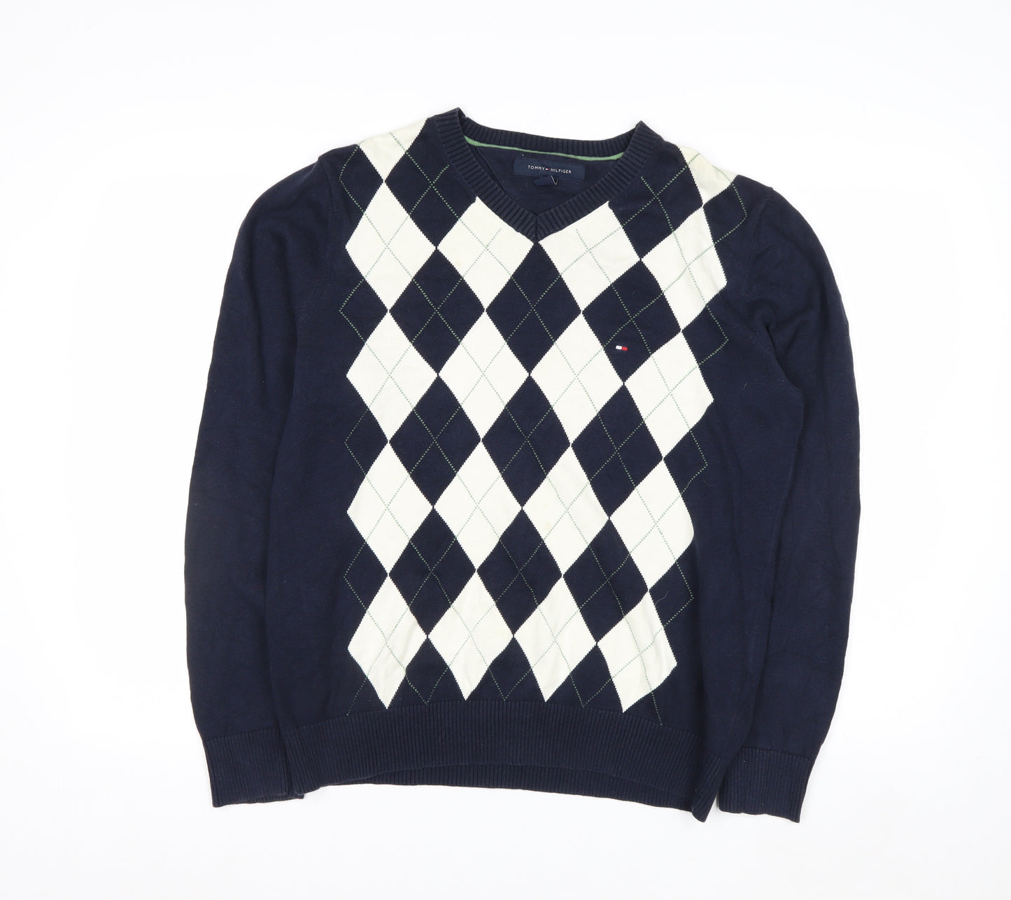 Tommy Hilfiger Men's Blue Argyle Cotton V-Neck Jumper Size M