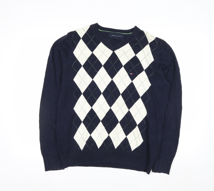 Tommy Hilfiger Men's Blue Argyle Cotton V-Neck Jumper Size M