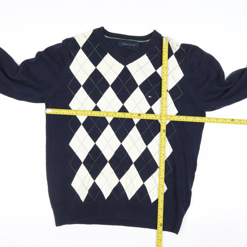 Tommy Hilfiger Men's Blue Argyle Cotton V-Neck Jumper Size M