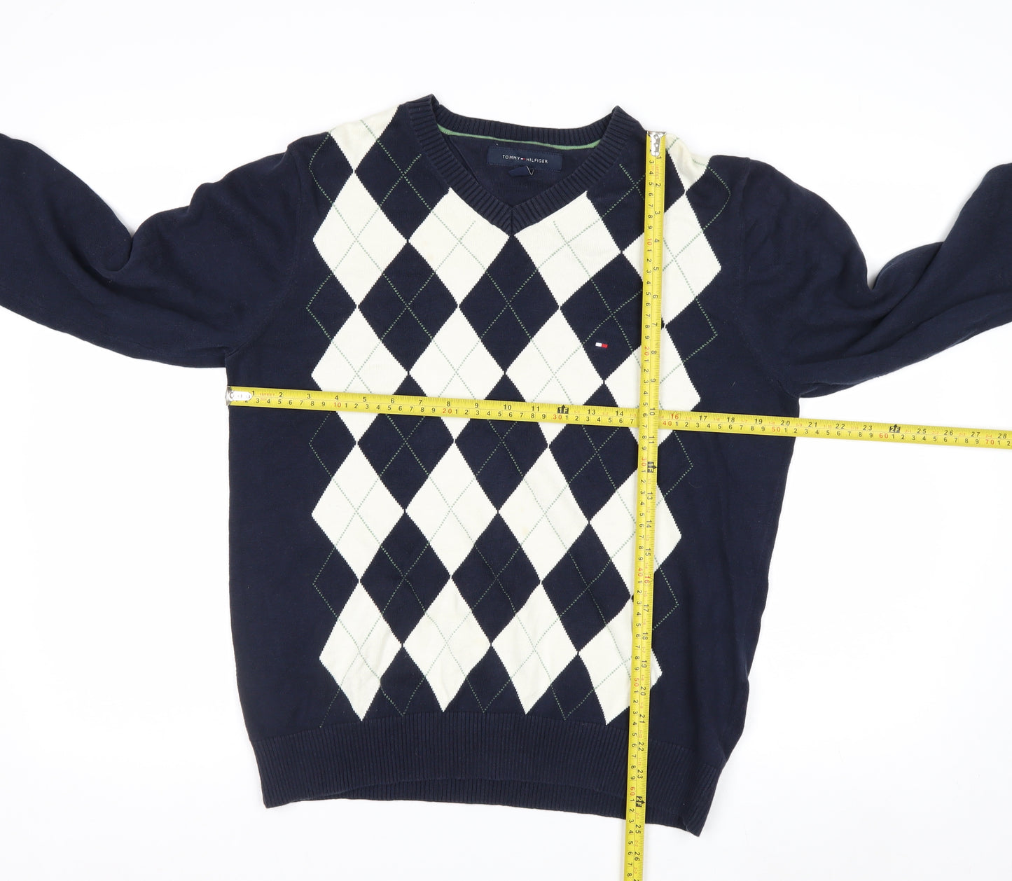 Tommy Hilfiger Men's Blue Argyle Cotton V-Neck Jumper Size M