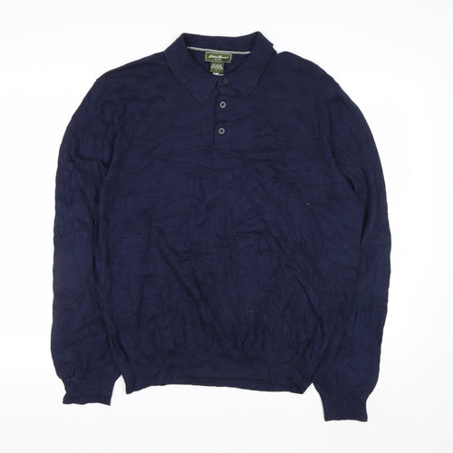 Eddie Bauer Men's Blue Cotton Cashmere Collared Henley Jumper L