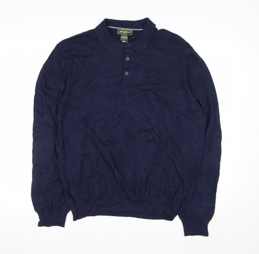 Eddie Bauer Men's Blue Cotton Cashmere Collared Henley Jumper L