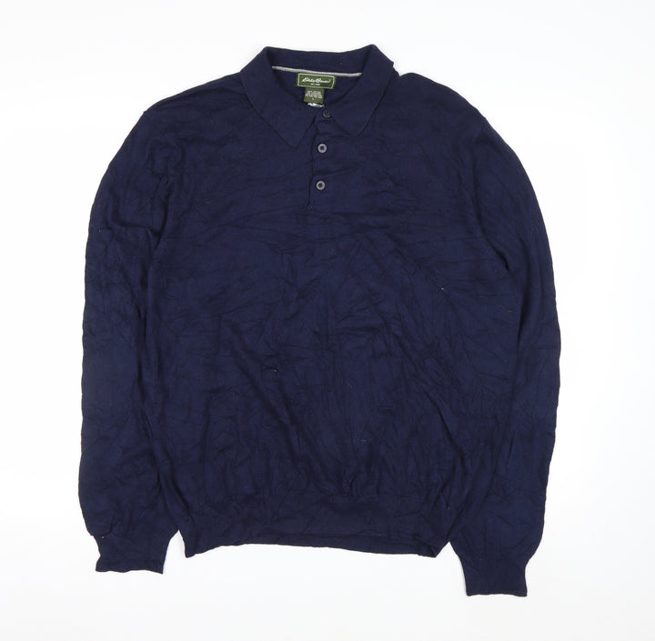 Eddie Bauer Men's Blue Cotton Cashmere Collared Henley Jumper L